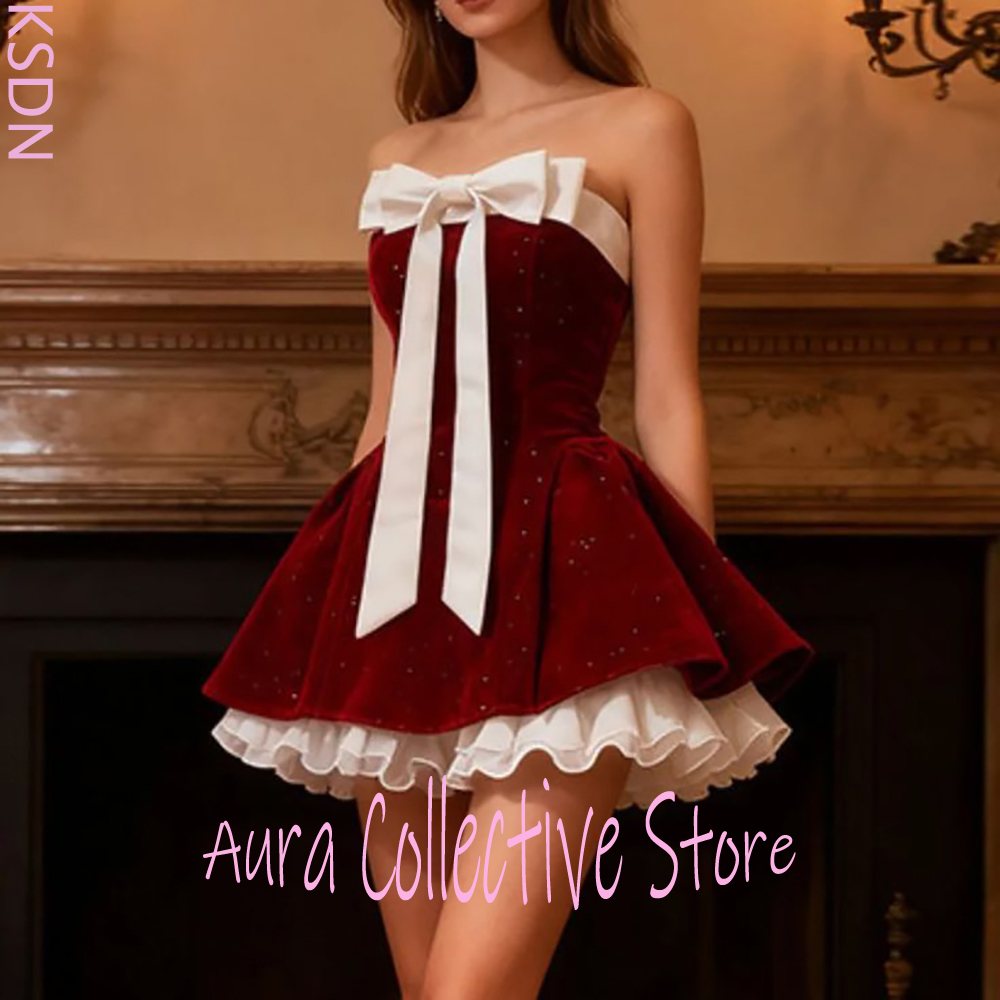 Large Women'S Formal Wear - Burgundowa aksamitna sukienka mini bez ramiączek