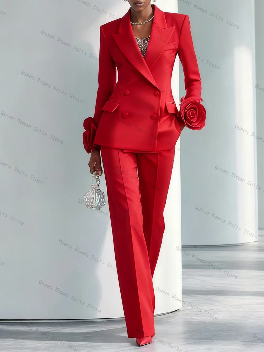 Women Formal Wear Blazer Set - Luksusowy czerwony damski garnitur 2-częściowy: marynarka