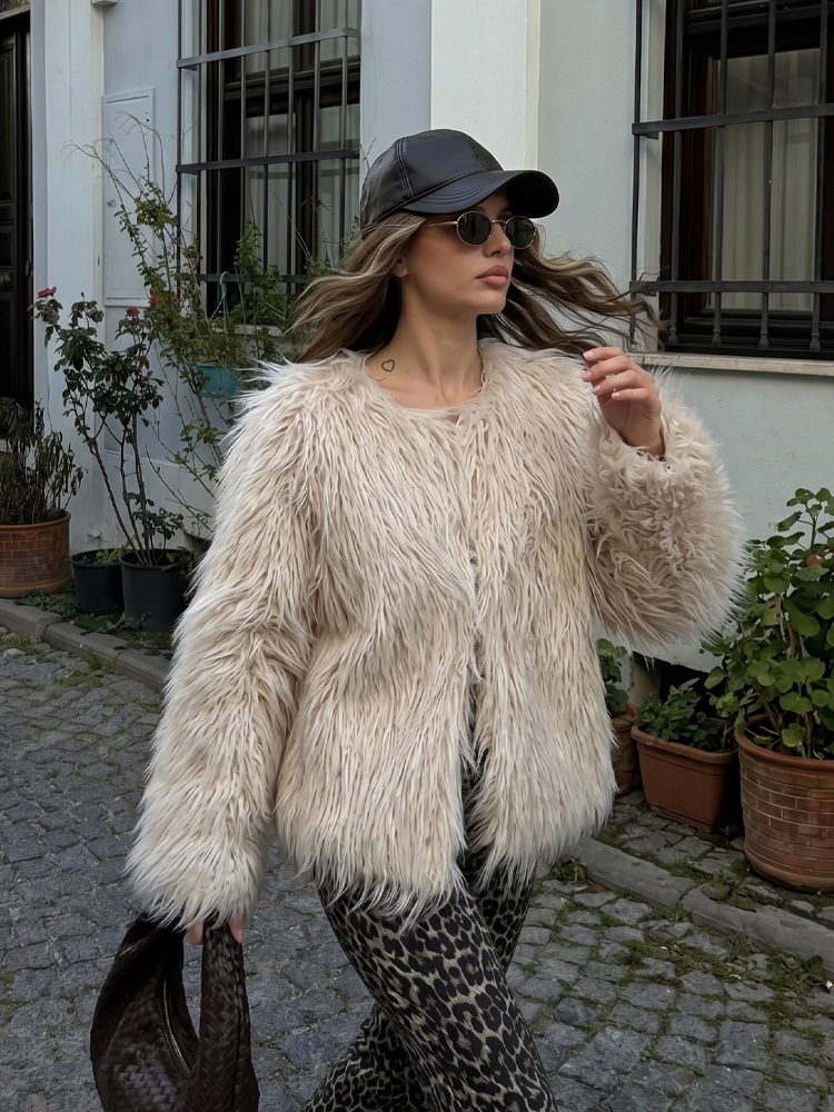 Women Formal Wear Stitching - Elegancki damski płaszcz ze sztucznego futra