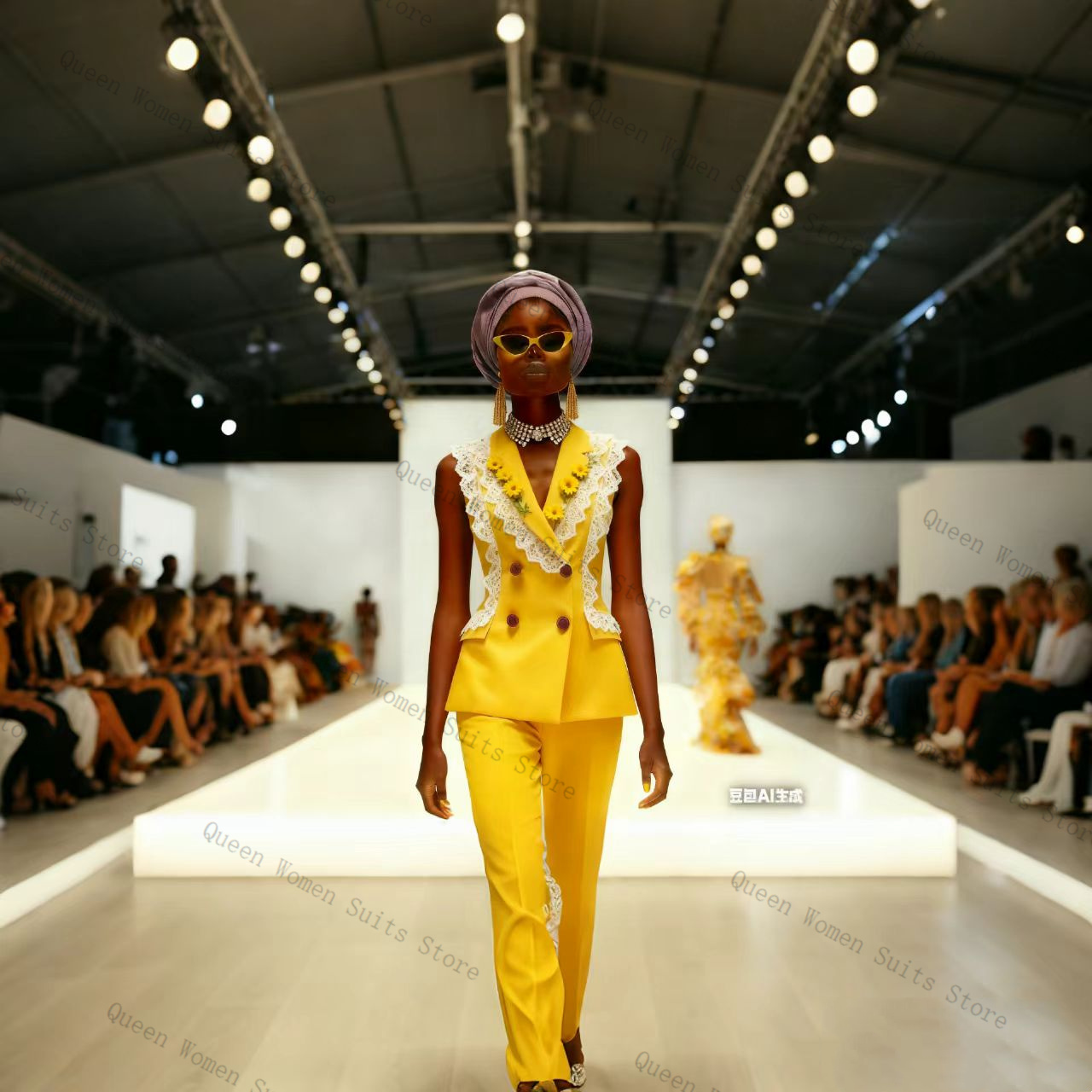 Yellow Formal Wear Women - Żółto-biały koronkowy damski garnitur, zestaw 2-częściowy: