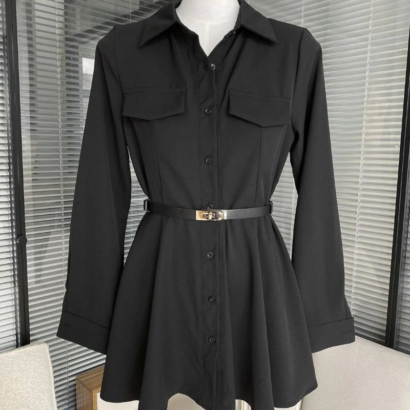 Women Formal Wear Stitching - Damska czarna sukienka koszulowa z długim