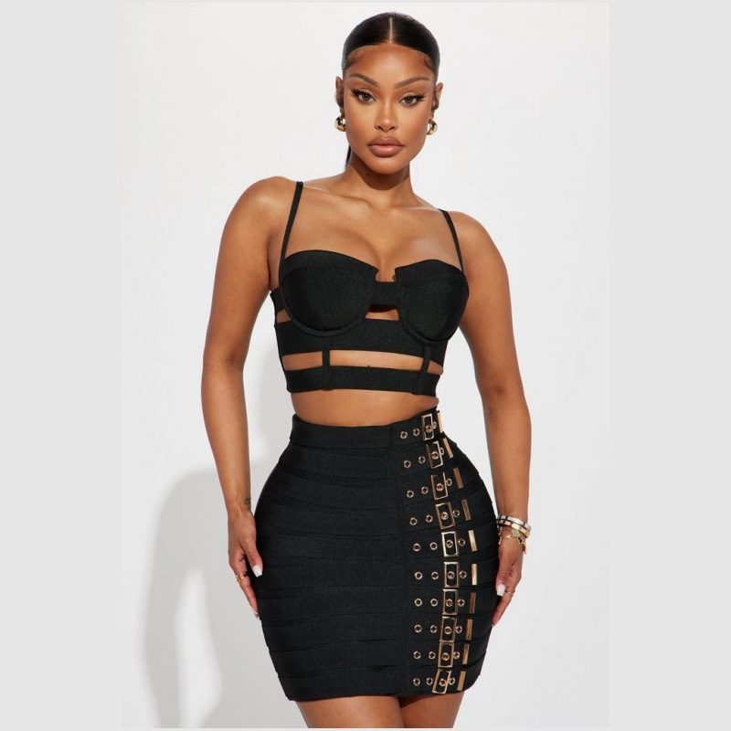 Women Formal Wear Belt - Czarno-biała sukienka bandażowa na studniówkę, 2-częściowa: