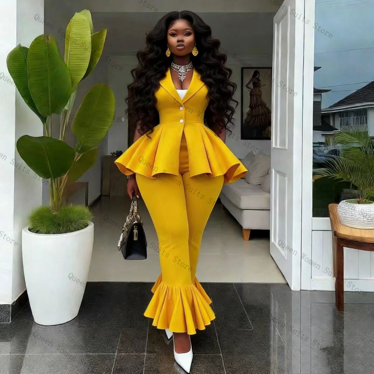 Żółty damski garnitur spodniow – Yellow Formal Wear Women recenzja i cena