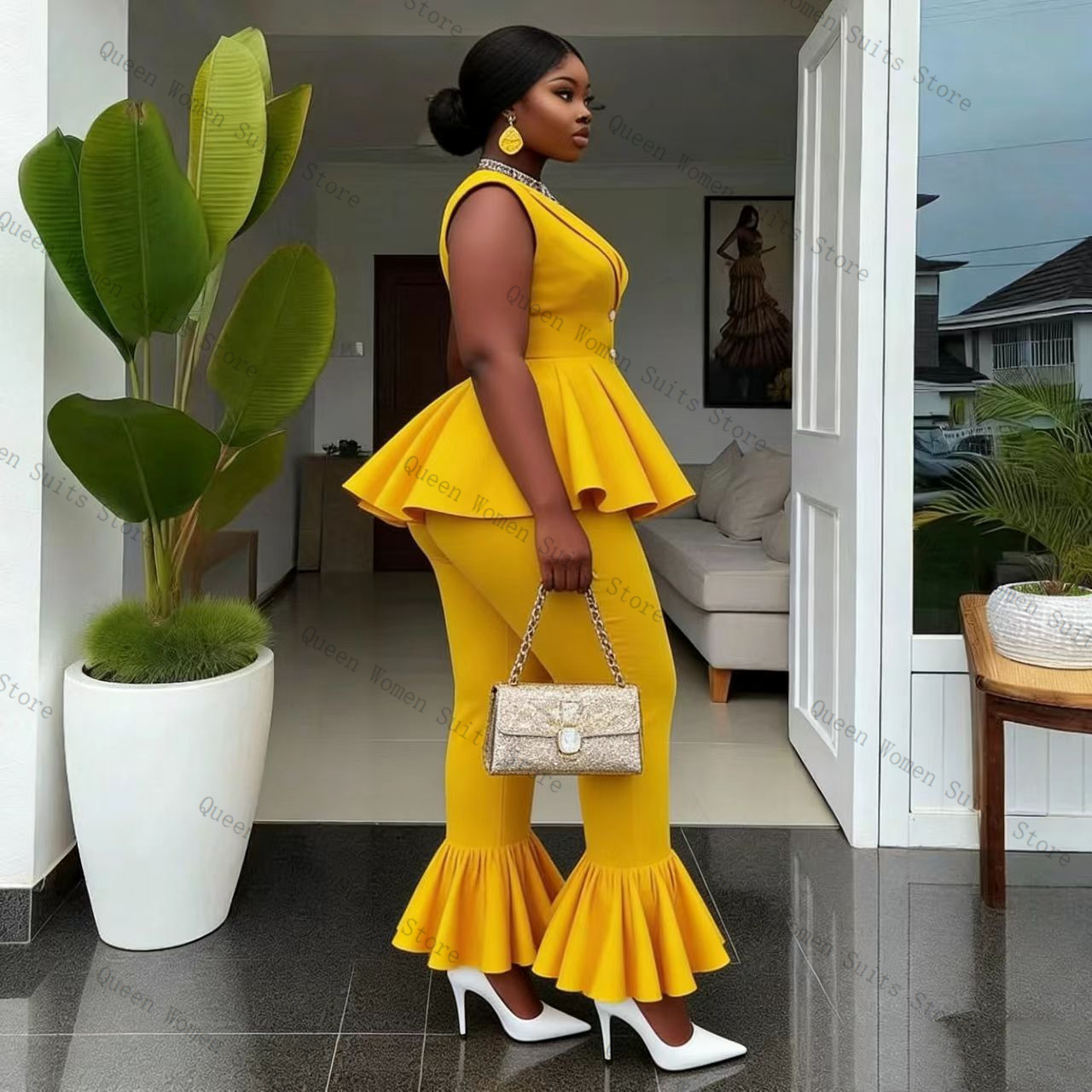 Żółty damski garnitur spodniow – Yellow Formal Wear Women recenzja i cena