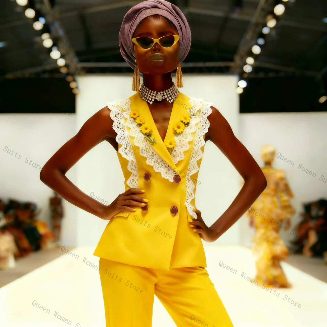 Żółto-biały koronkowy damski g – Yellow Formal Wear Women recenzja i cena